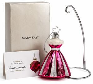 Mary Kay Pink Dress Glass Christmas Ornament Box Display Stand Holiday
